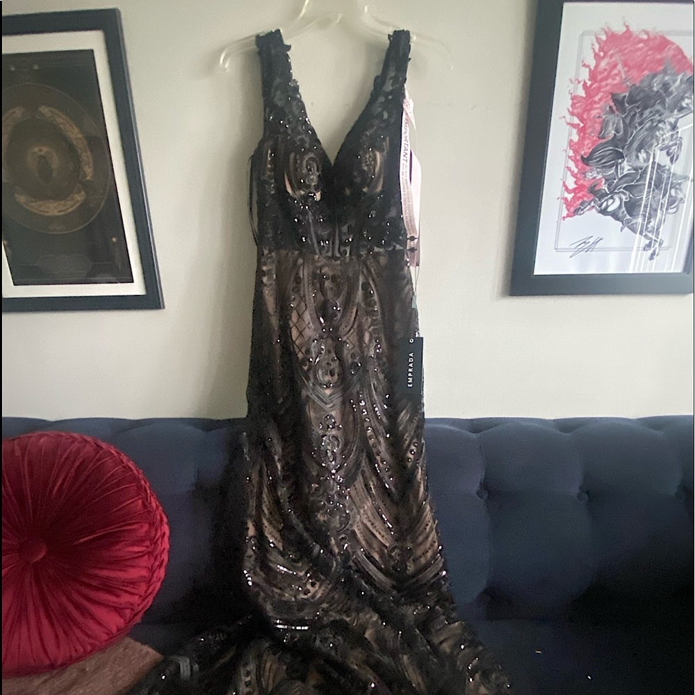 Emilia Black Beaded Cape Skirt Gown. Never worn, new with tags. XS